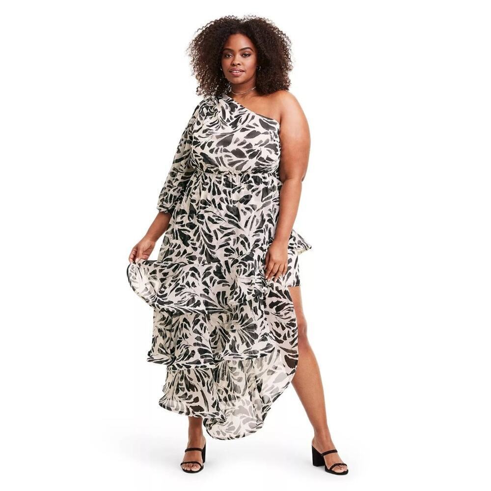 Alexis Botanical Printed One Shoulder Ruffle Tiered Asymmetric Dress Plus SZ XL